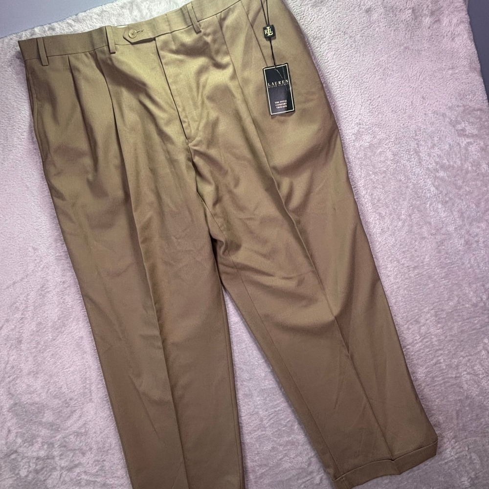 Lauren Ralph Lauren Mens Pleated Dress Pants 39W x 30L Tan Wool Stretch Cuffed